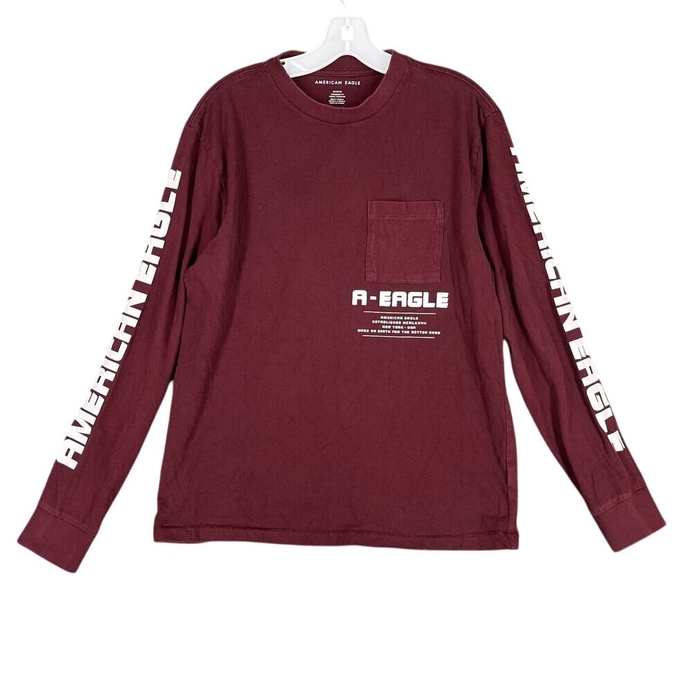 American Eagle Mens M Long Sleeve Graphic Pocket Tee Burgundy Streetwear Casual‎